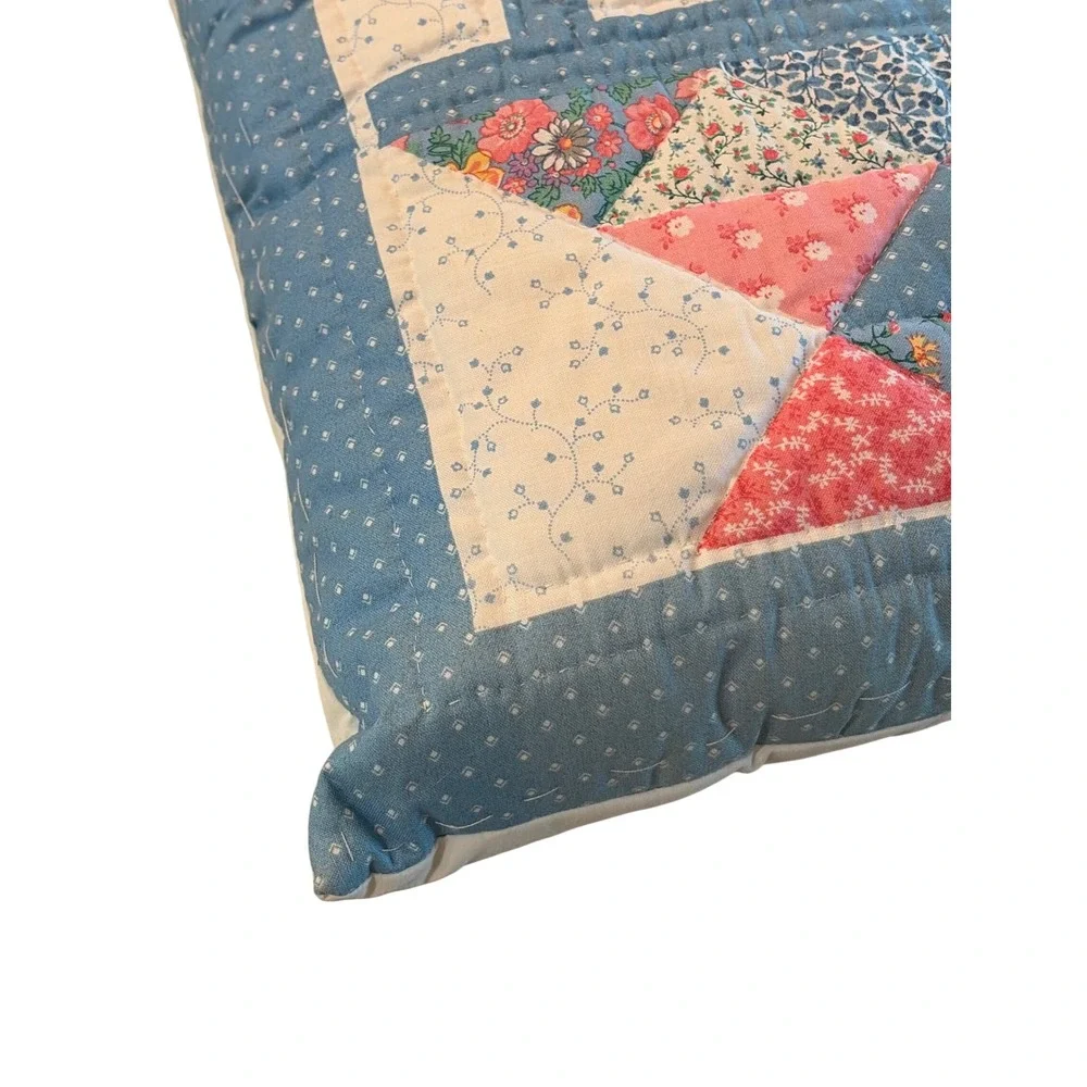 Handmade Quilted Basket Patchwork Throw Pillow Blue Floral Cottagecore